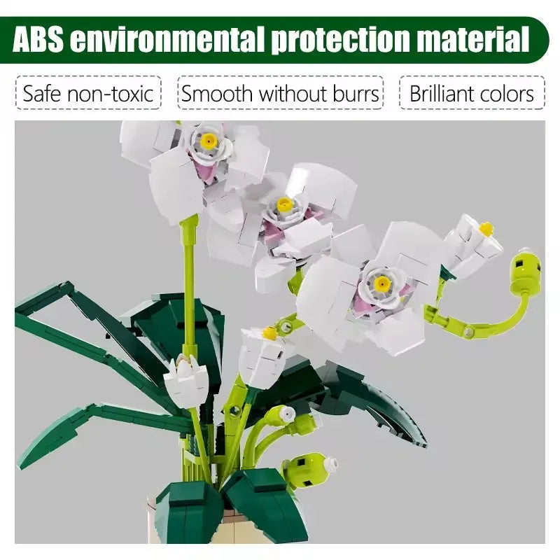 588PCS MOC Phalaenopsis Orchid Bouquet Building Blocks Potted Floral Model with Vase Creative Mini Bricks Home Decor Gift