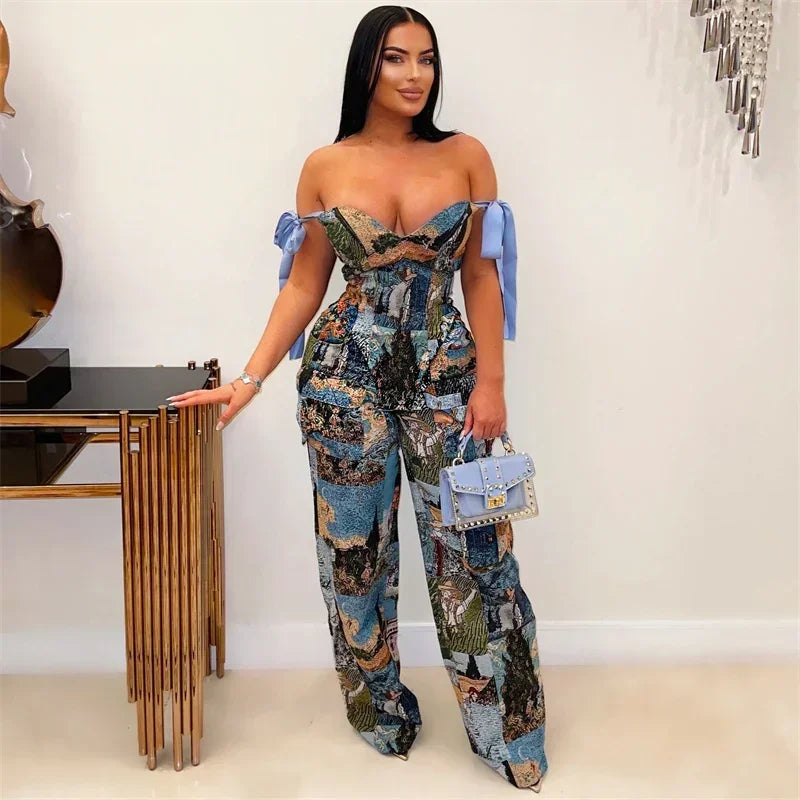 Sexy Leopard Print 2 Piece Set for Woman Birthday Off Shoulder Lace-up Bandage Top and Wide Leg Pants Matching Sets Outfits Club