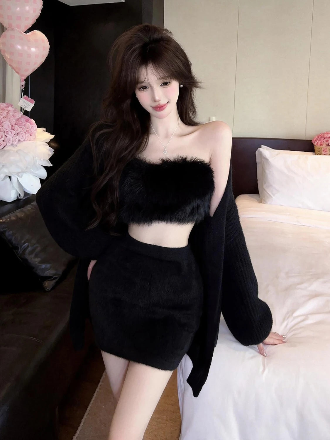 Pure Desire Sexy Girl Plush Wrap Chest Sweater Cardigan Outerwear Short Skirt Three Piece Set Women's Fashion Slim Fit Ensemble