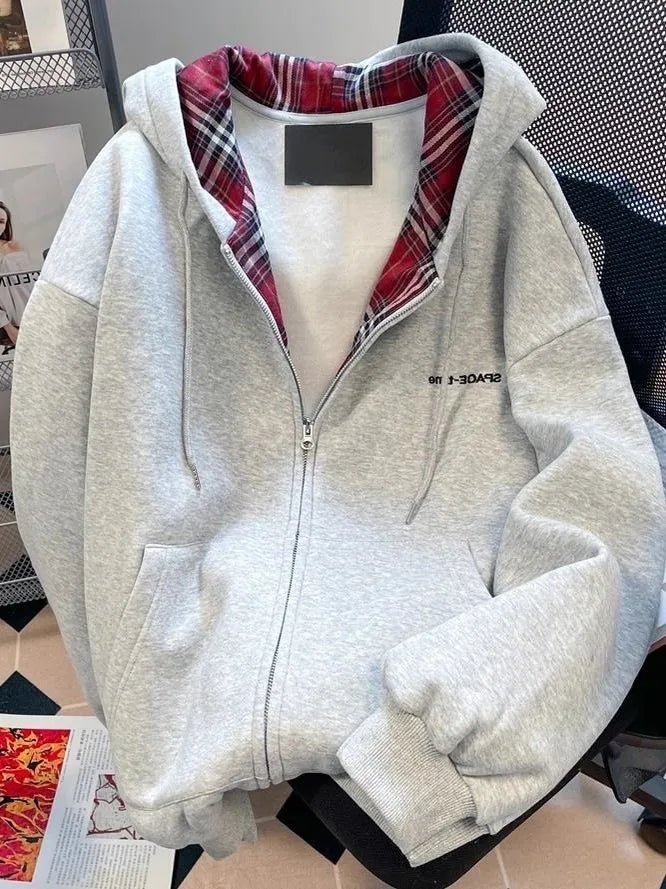 American Lazy Style Retro Plaid Splicing Hoodie Autumn Winter Fleece Lined Open Cardigan Couple Casual Hooded Jacket Trendy