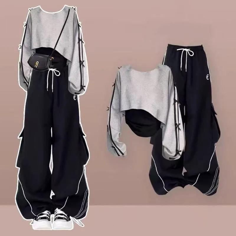 2026 Girls' Spring Chic Tracksuit Matching Set Korean Elegant Long-sleeve Hoodie Top+Vest+Casual Cargo Pants 3-Piece Suit