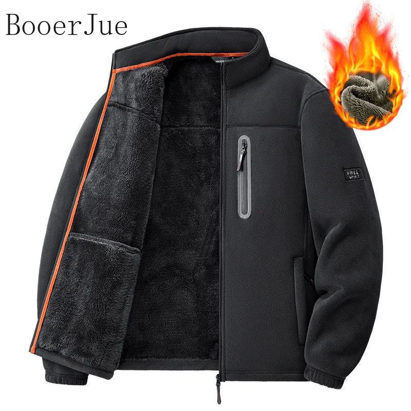 Winter Thickened Windproof Stand Collar Zipper Jacket for Men Casual Outdoor Fleece-Lined Coat Embroidered Men's Warm Jackets