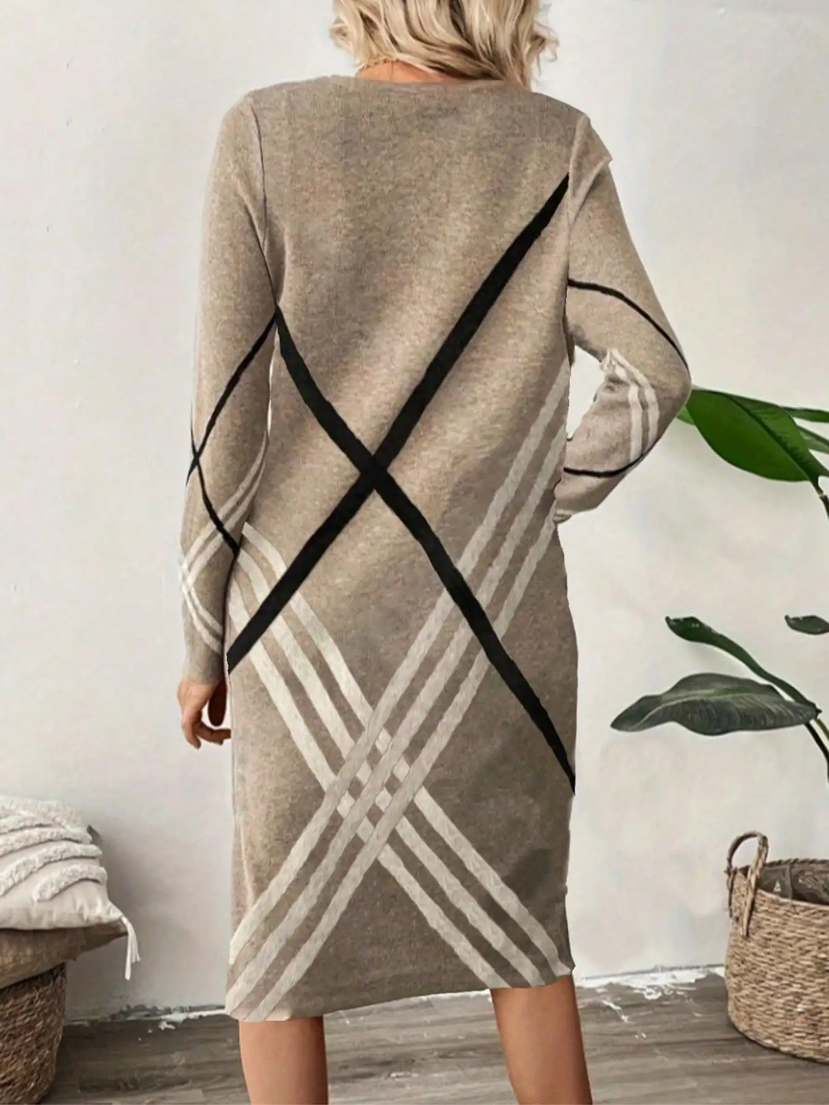 Women's Plus Size Apricot Beige Cross Stripe Sweater Dress Long Sleeve Knitted Midi Shift Dress Autumn Winter