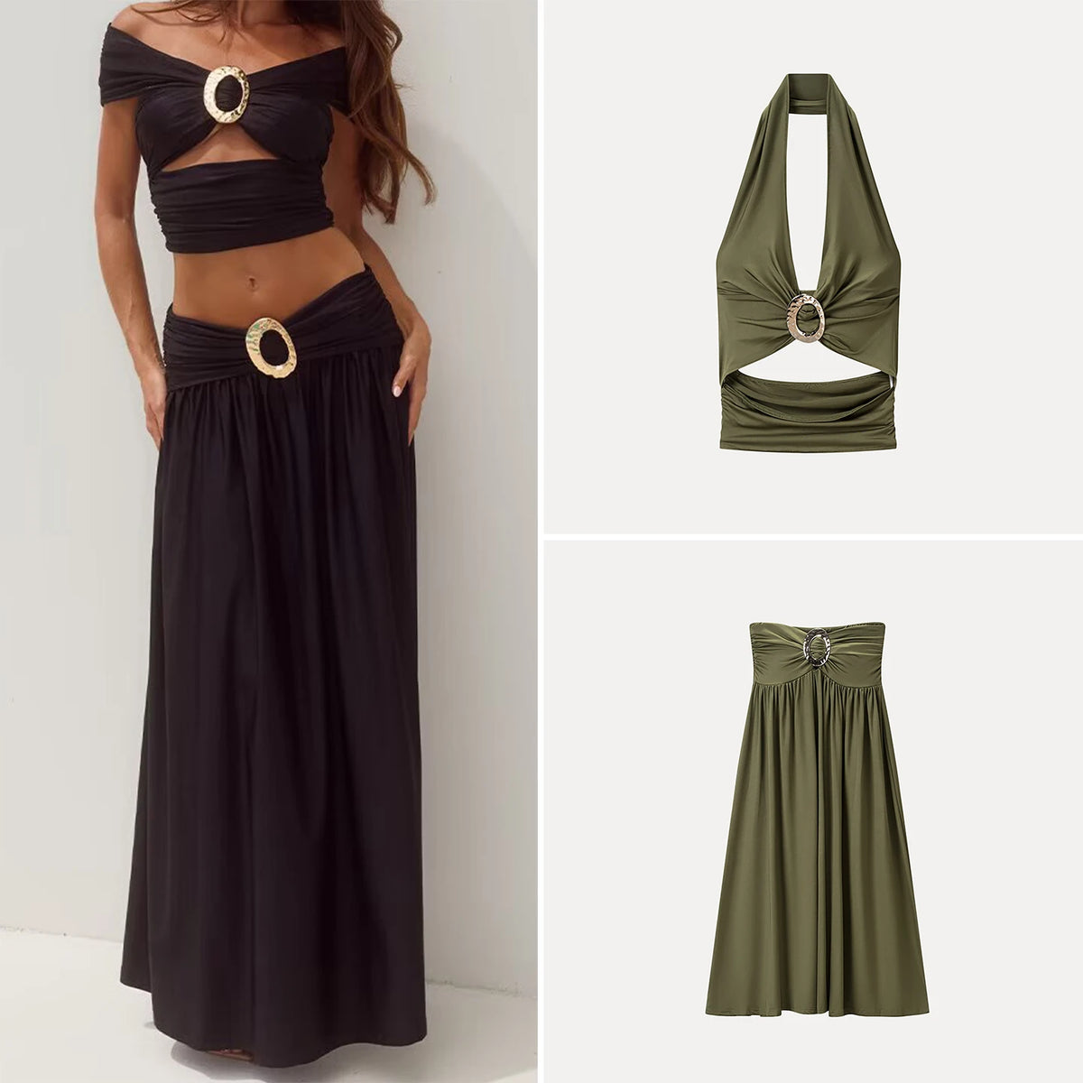 Fashionable Metal Decorated One-Shoulder Long Dress Set Women's Summer Style Slimming Individuality Matching Ensemble