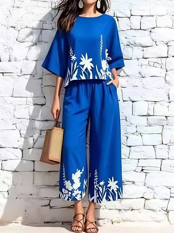 Women Floral Print Two Piece Set 3/4 Sleeve Top Wide Leg Pants Casual Vacation Matching Outfit