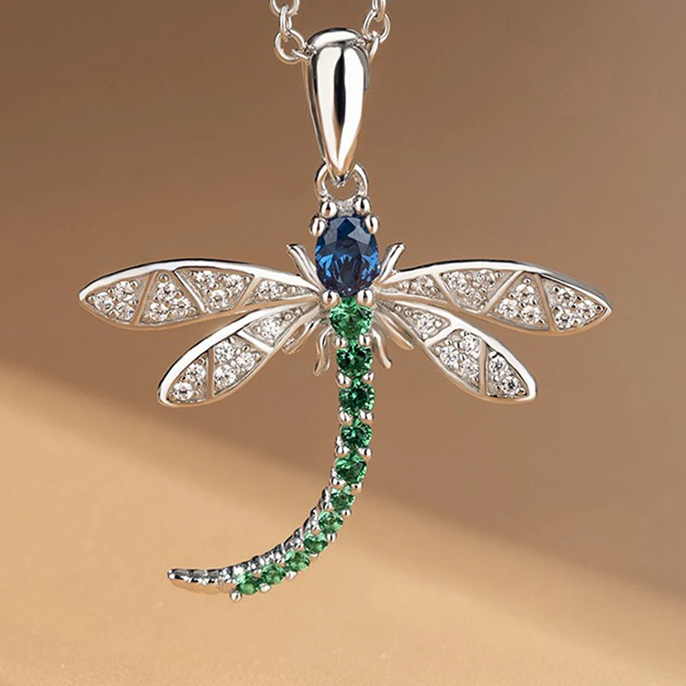 Huitan Exquisite Colorful Dragonfly Pendant Necklace for Women Paved Dazzling CZ Stone Cute Lady Necklace Party Fashion Jewelry