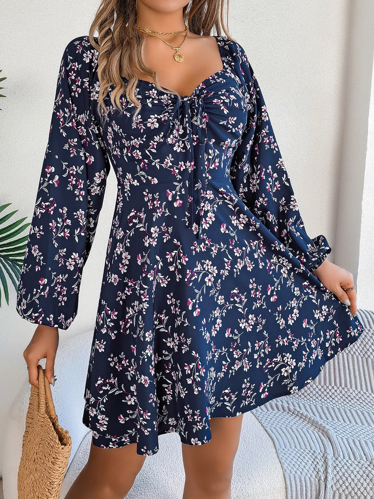 Spring Summer Flower Print Dress 2026 Vacation Drawstring V Neck Long Sleeve Midi Dresses Casual Woman Clothing