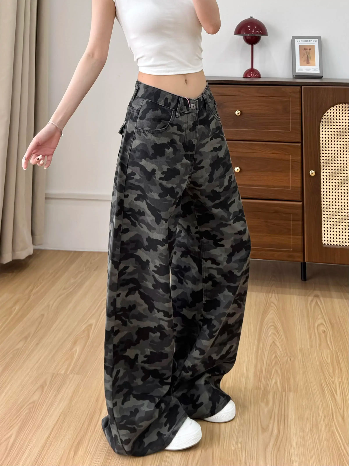 zjaiss Wide Leg Denim Pants Vintage Camo Women Jeans 2026 Autumn High Waist Niche Loose Casual Floor-Length Straight Trousers