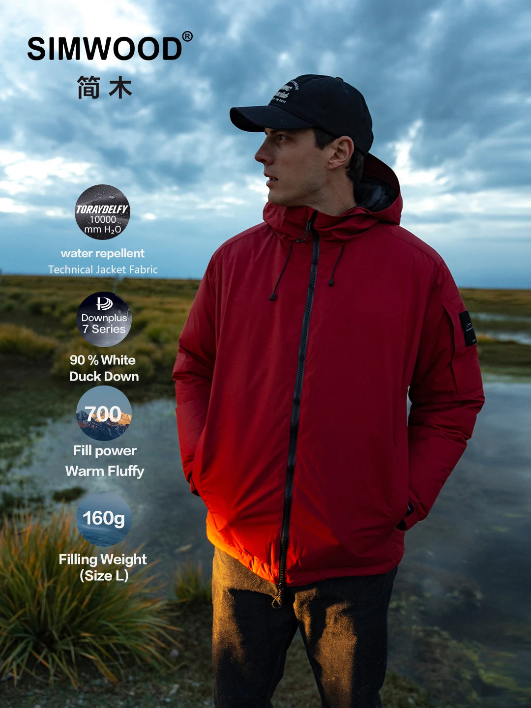 SIMWOOD 2026 Winter New Water Repellent Fabric 90% White Duck Down Coats Men Warm Hooded Plus Size Jackets