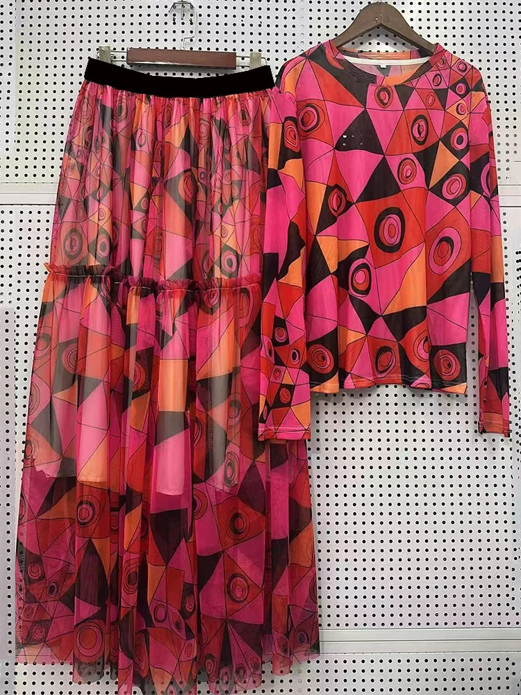 Set Retro geometric print knitted mesh long-sleeved T-shirt two-piece set 2026 autumn women's wear + shirring loose skirt suit