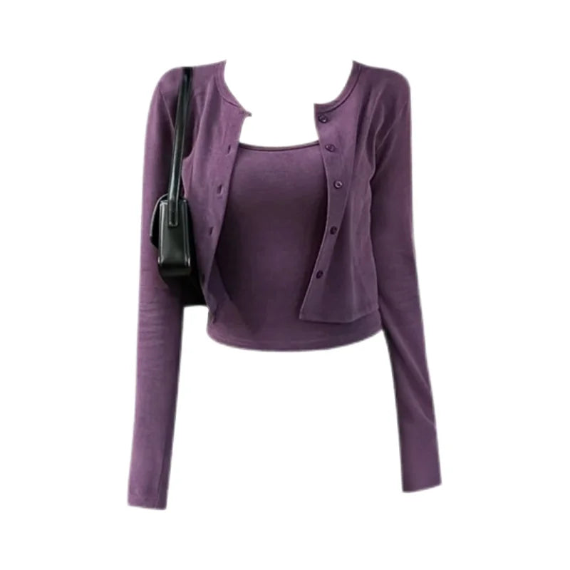 Set Retro Hong Kong Chic Purple Strap Outerwear Cardigan Two-Piece Set Women's Spring Autumn Fashion Casual Slimming Top