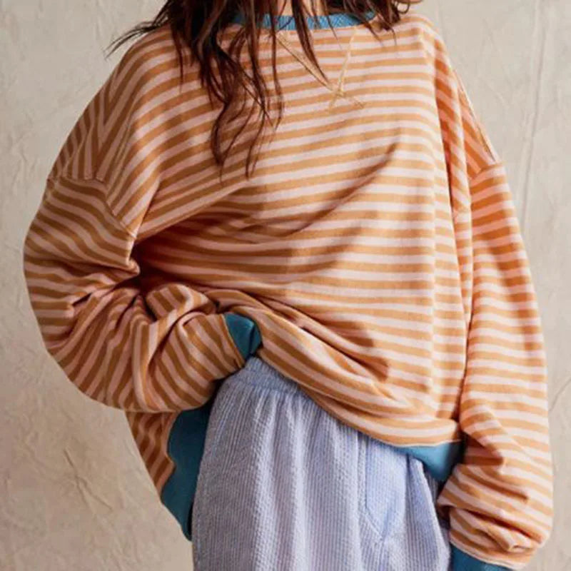 Women's Fall/Winter New Striped Round Neck Loose Casual Long Sleeve Sweatshirt Streetwear Harajuku Style Sweatshirt Jacket