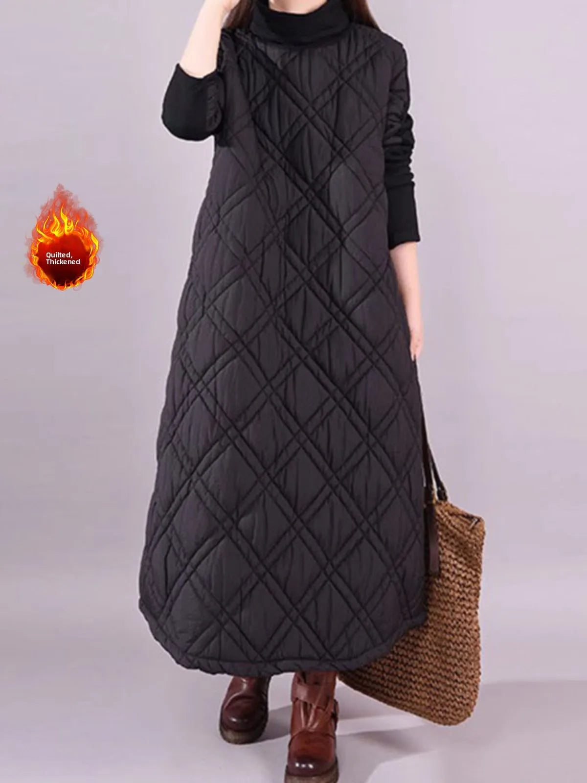 Afashion Casual High Collar Patchwork Thickened Long Women's Dress Winter plus Size Fashionable Splicing Diamond Grid Cotton In