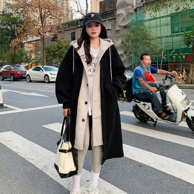 Dress Fashionable Long Hooded Dress Coat Lamb Velvet Versatile Loose Style Autumn Winter Arrival Women's Dress Skirt Coat