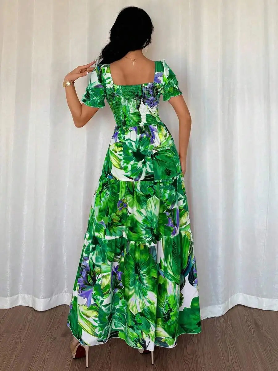 Women Tropical Bohemian Maxi Dress, Vibrant Floral Print Square Neck Puff Sleeve Tiered Summer Sundress For Vacation Party Daily