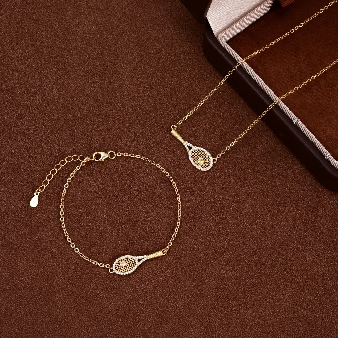 S925 Sterling Silver Inlaid Zircon Tennis Racket Pendant Necklace and Bracelet Set - Women's and Girls' Jewelry Accessories SL56