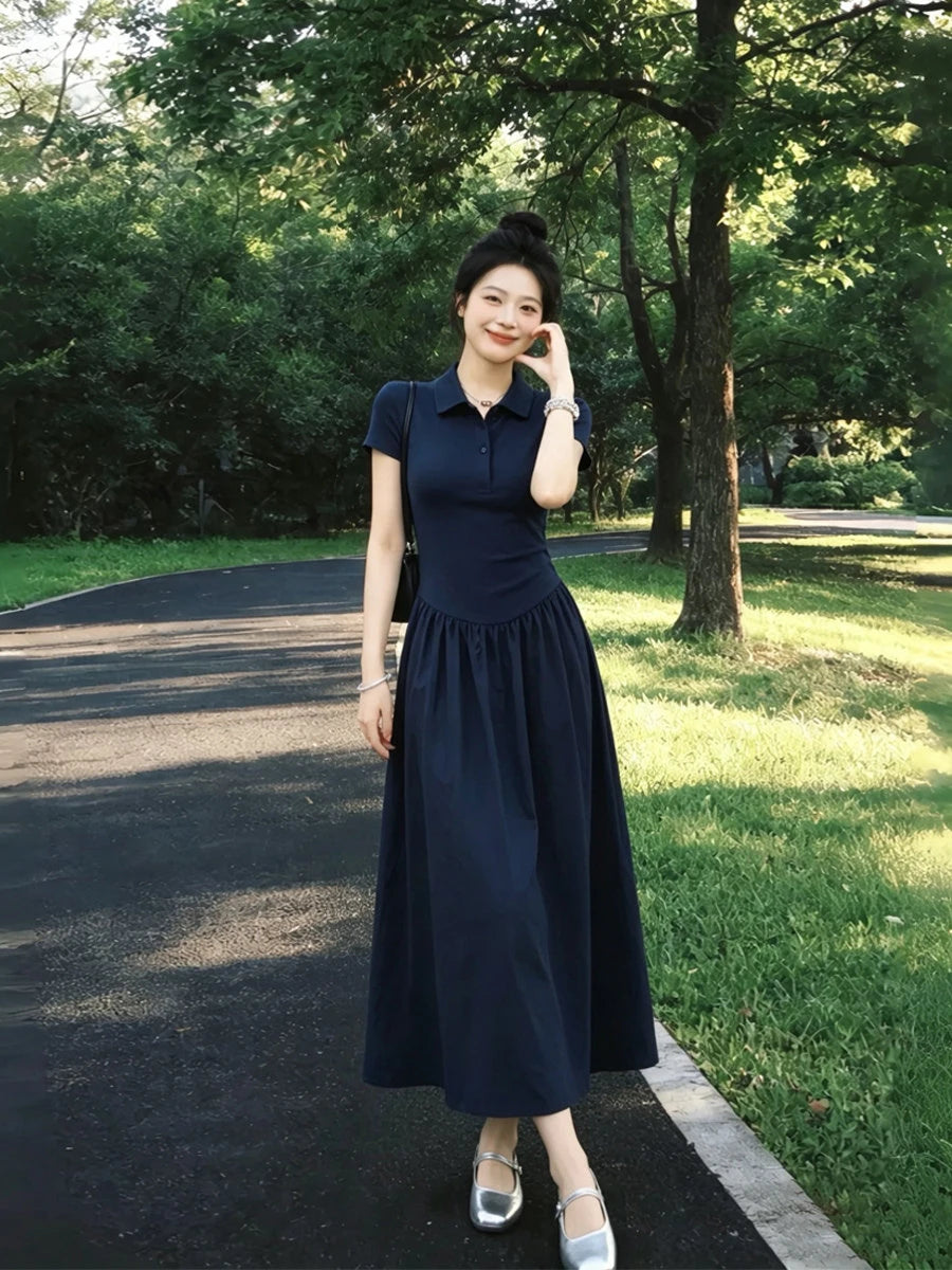 Hebe Style Collar Dress Women's A-Line Long Dress Slimming Waist Design Summer 2026 Fashion Elegant Versatile Short Sleeve