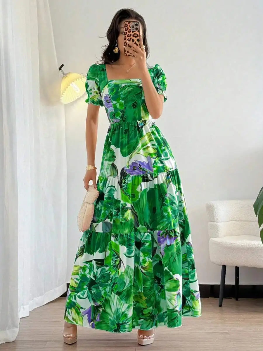 Women Tropical Bohemian Maxi Dress, Vibrant Floral Print Square Neck Puff Sleeve Tiered Summer Sundress For Vacation Party Daily