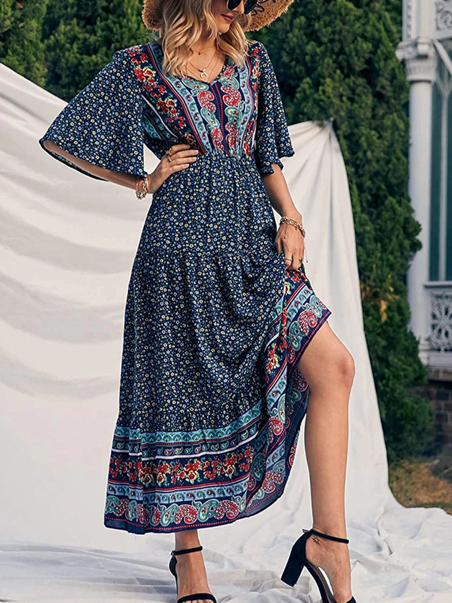 Elegant Casual Long Dress Boho Print Design Short Sleeve V Neck Summer Dress For Women 2024 Fashion