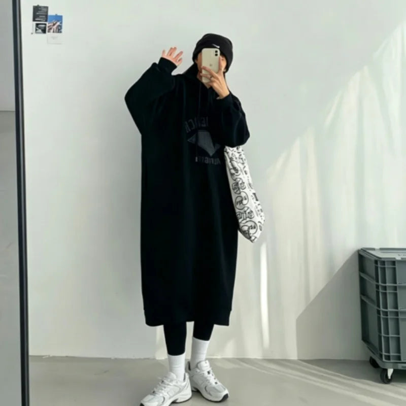 Plus Size Women's Fleece Hooded Dresses Autumn Winter Retro America Oversizes Sweatshirt Long Sleeve A-Line Midi Dress Maternity