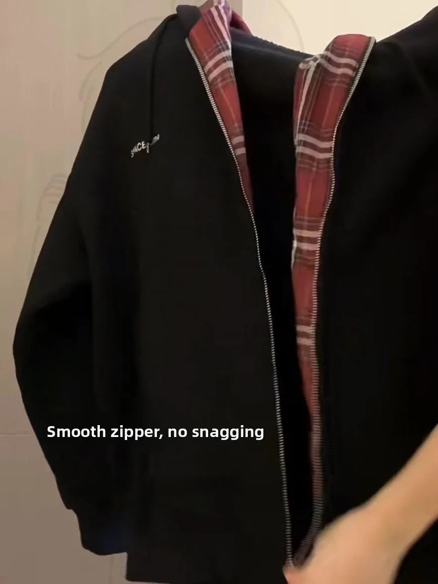 American Lazy Style Retro Plaid Splicing Hoodie Autumn Winter Fleece Lined Open Cardigan Couple Casual Hooded Jacket Trendy