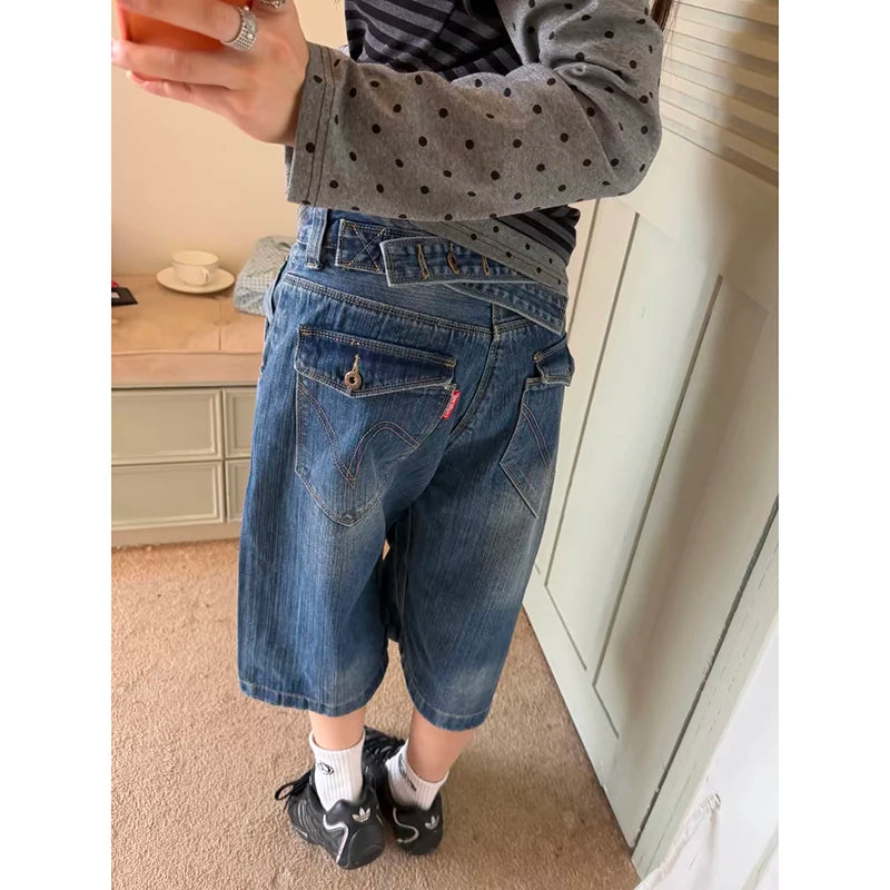 YIBASHU Women American Retro Embroidery Jorts Jeans Shorts Y2K 2000s Harajuku Calf-Length Denim Pant Japanese High Street Grunge