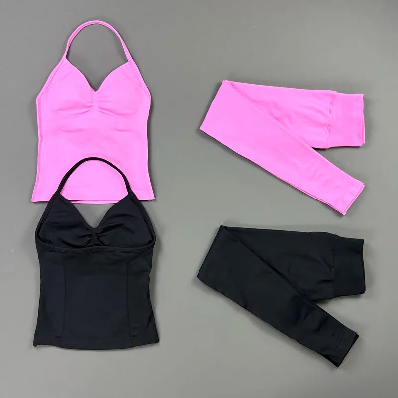 HISTELLO 2 Piece Gym Leggings Set Women's Yoga Longline Strappy Top Seamless Fitness Clothing Running Workout Sports Tops Outfit