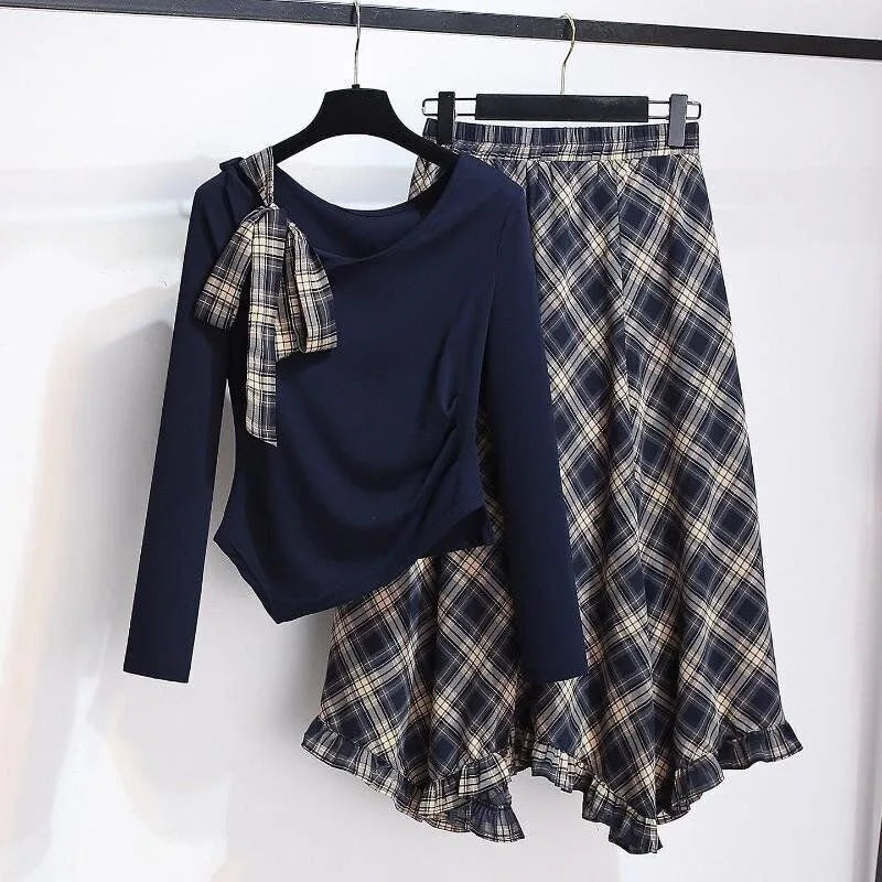Women 2 Piece Outfit Long Sleeve Irregular Top and Plaid Long Skirt Set Bow Decor Two Piece Set Casual Party Matching Sets