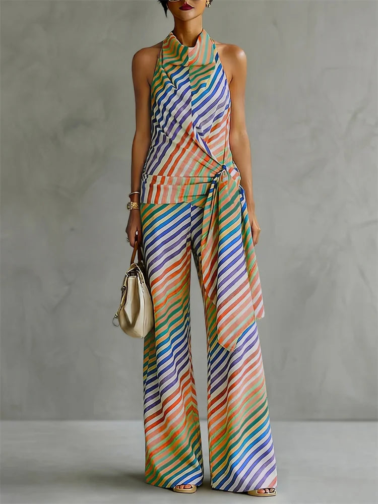 UOOZEE 2026 Women Evening Contrast Color Striped Matching Set Sleeveless Backless Halter-Neck Vest Top & Palazzo Pants Sets