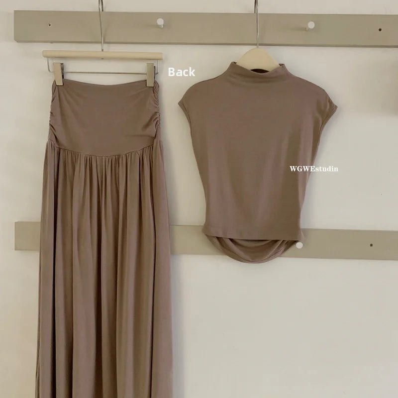 Elegant Women's Two-Piece Set Elastic Slim Fit Sleeveless T-Shirt Top Long Dress Casual Style Spring Summer Fashion Ensemble