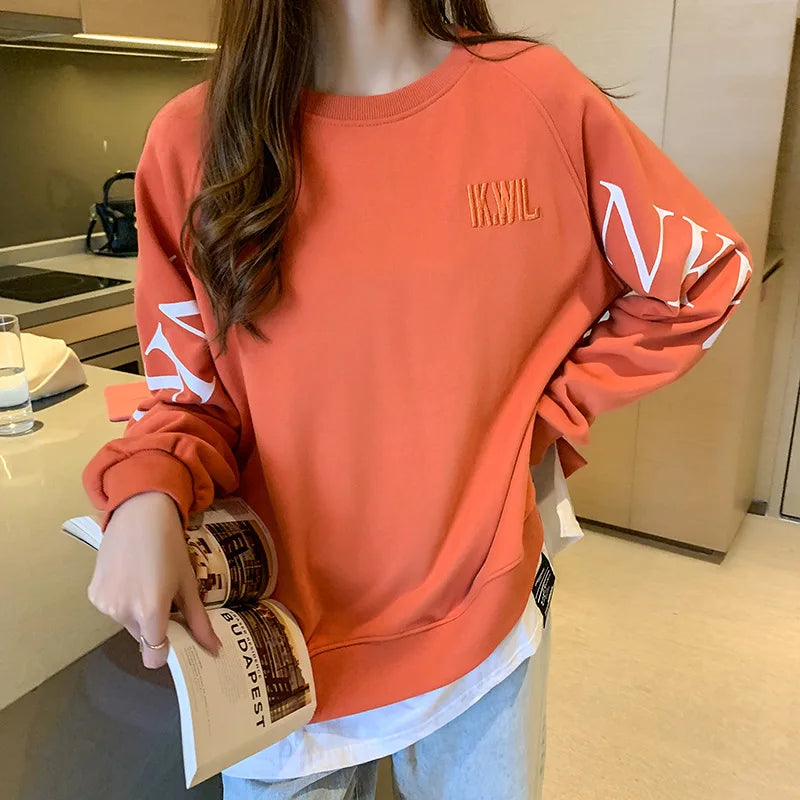 Women's Retro Fake Two-Piece Y2K Tops Long Sleeve Sweatshirt Loose Korean Style 2026 Round Neck Letter Hoodie Harajuku Tops