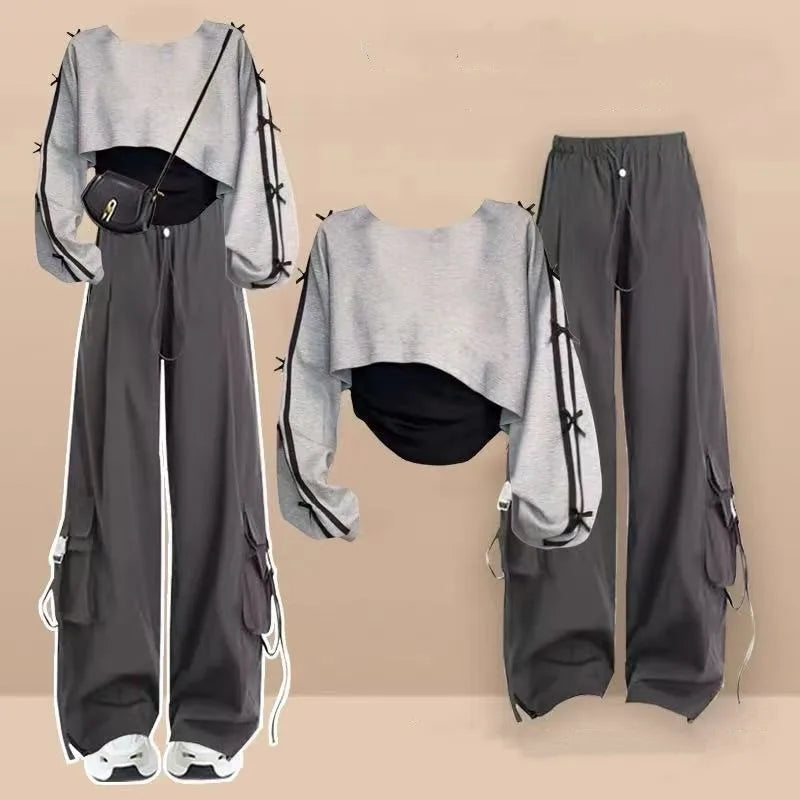 2026 Girls' Spring Chic Tracksuit Matching Set Korean Elegant Long-sleeve Hoodie Top+Vest+Casual Cargo Pants 3-Piece Suit