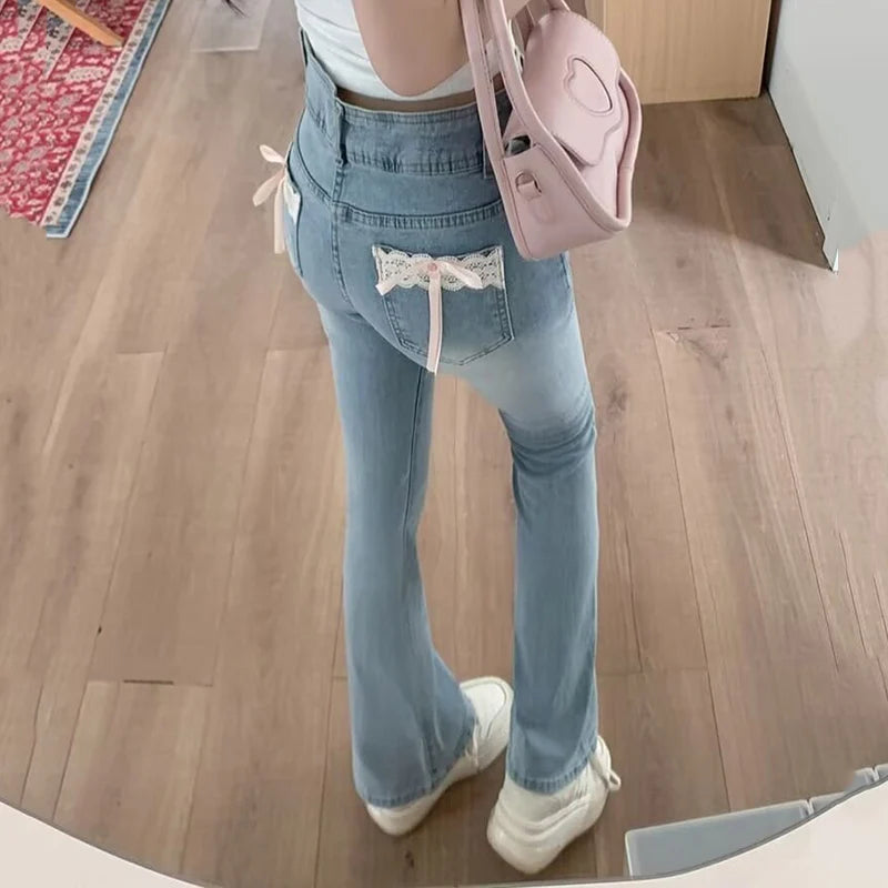 Woman Daily Vintage Blue Flare Jeans Female High Waist Stretch Bell Bottom Pants Girls Kawaii Lace Bow Decoration Denim Trousers