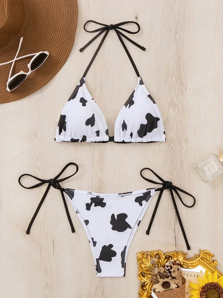 Circyy Cow Printed Bikini Set Women Sexy Swimsuit Two-Piece Lace Up Backless Swimwear Bathing Summer Fashion Beachwear