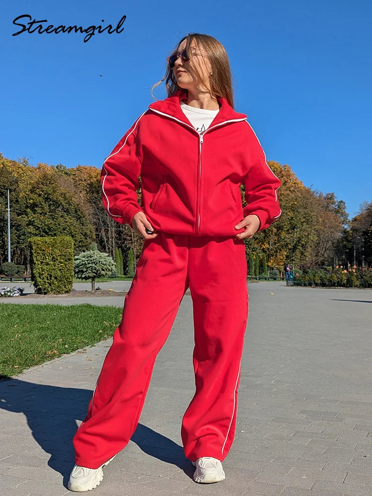 Women's Oversized Sports Suit Red Autumn 2026 Blue Tracksuit 2 Pieces Side Stripe Zip Up Sweatshirts Cotton Women Sweatsuits
