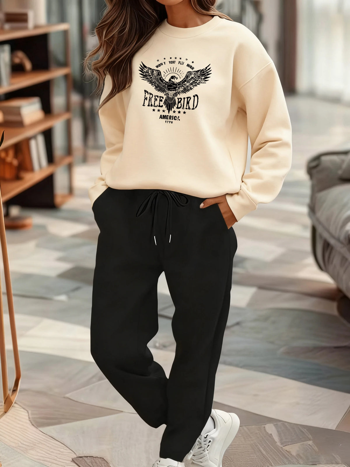 Women's Autumn Winter Outfit Round Neck Long Sleeve Printed Sweatshirt Top with Drawstring Solid Color Pants Matching Set