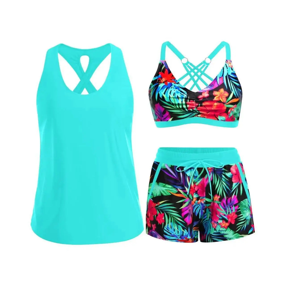 Women Palm Leaf Print 3 Piece Tank Bikini Set Criss Cross Back Top Drawstring Boyshort Swimsuits Bathing Suits Beach Swimwear