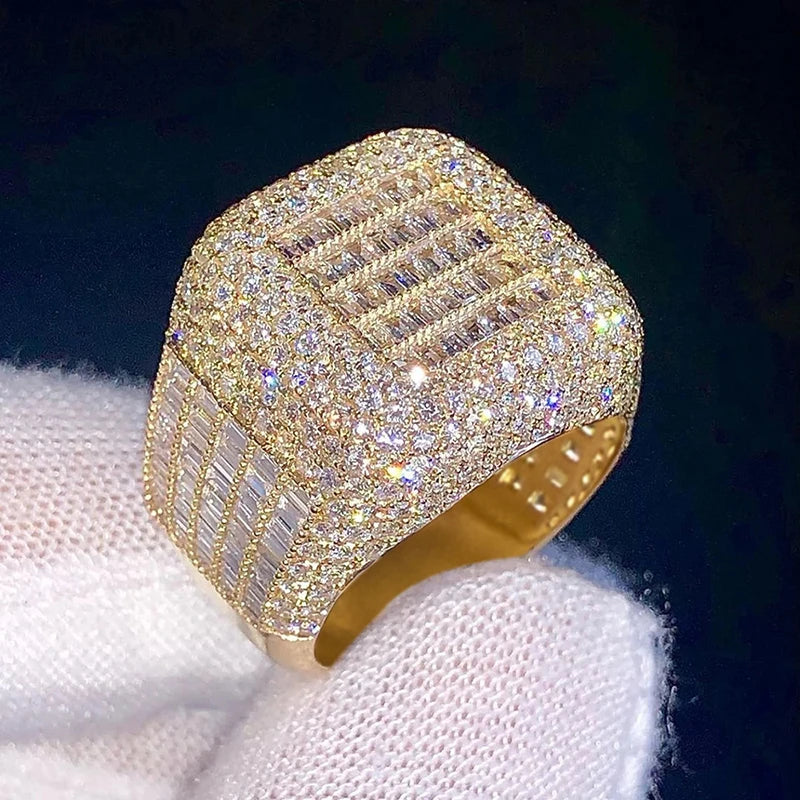 Huitan Gorgeous Gold Color Wedding Rings for Women Square Shaped Wide Band Rings Bling Bling CZ Engagement Party Trendy Jewelry