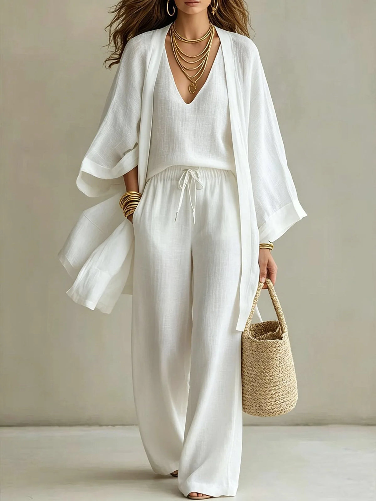 2026 Loose Wide Leg Pants Cardigan Three Piece Set Women's Fashion Outfit Spring Season Four Seasons Universal Size