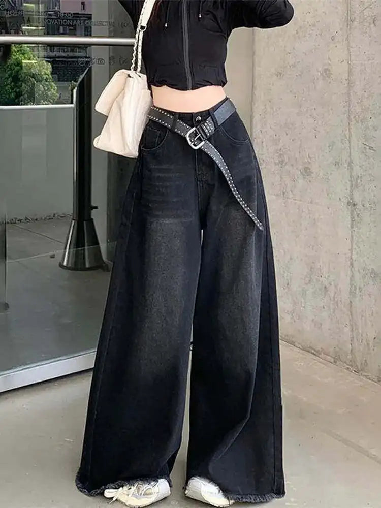 American Retro High Waist Loose Women's Jeans Black Frayed Hem High Street Long Pants plus Size Slimming Trousers