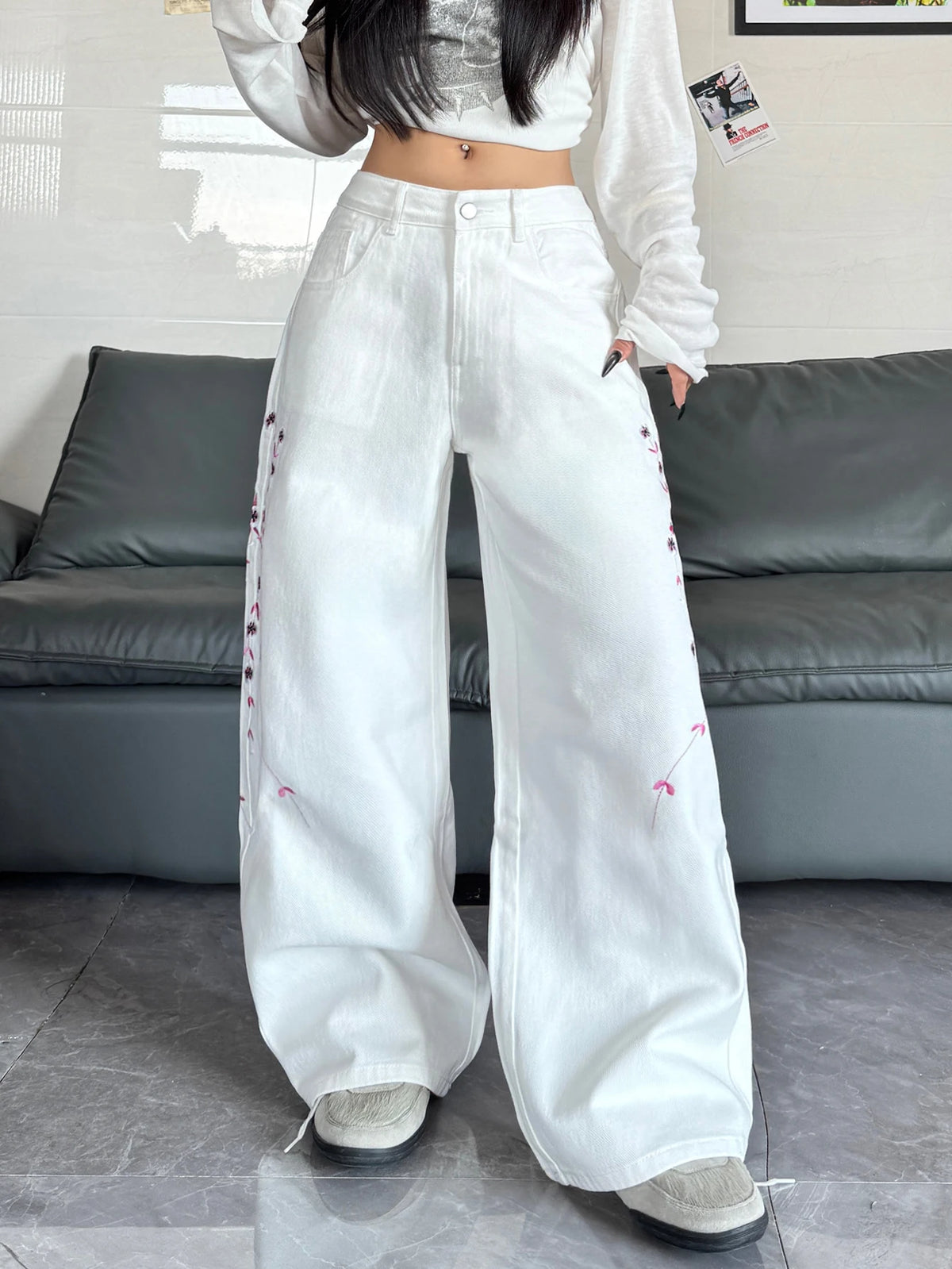 American High-Street Floral Embroidery Design White Women's Baggy Wide-Leg Jeans Vintage Y2K Street Trend Versatile Spicy Pants