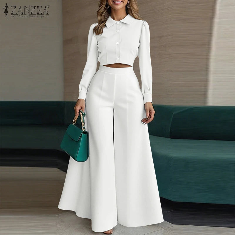 ZANZEA Elegant Women 2-Piece Pant Sets Long Sleeve Cropped Top & Wide Leg Pant Matching Sets Autumn Minimalist OL Work Co-ords