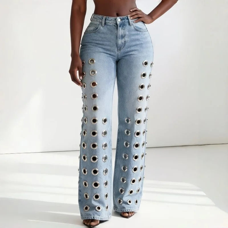 Girls Fashion Metal Ring Cutout Hollow Out Straight Leg Jeans Female Mid-rise Slim Fit Denim Pants Women Retro Designer Trousers