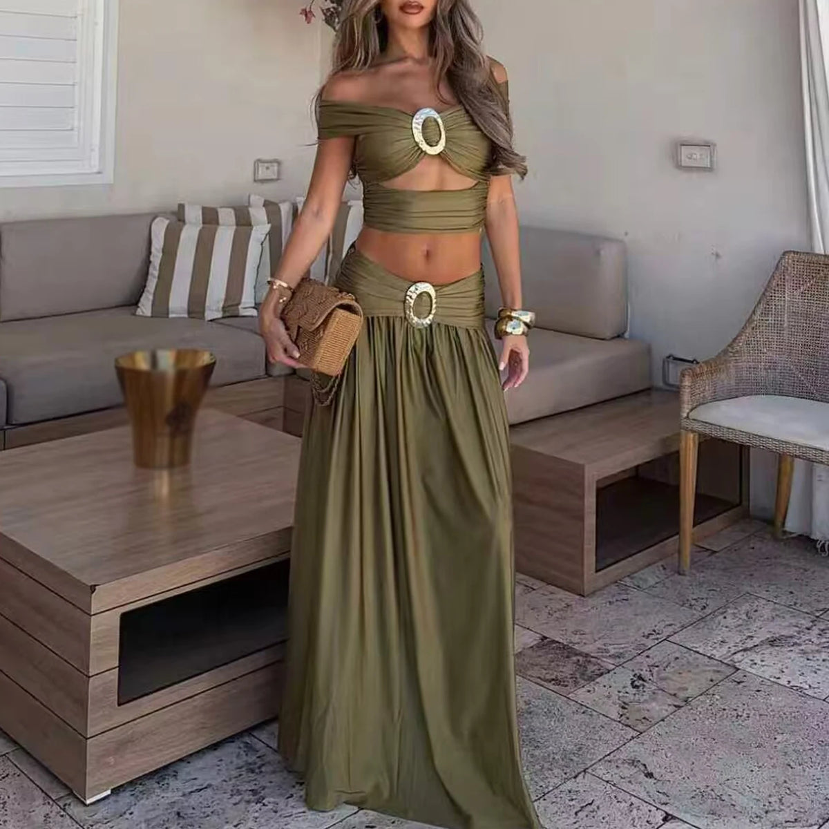 Fashionable Metal Decorated One-Shoulder Long Dress Set Women's Summer Style Slimming Individuality Matching Ensemble