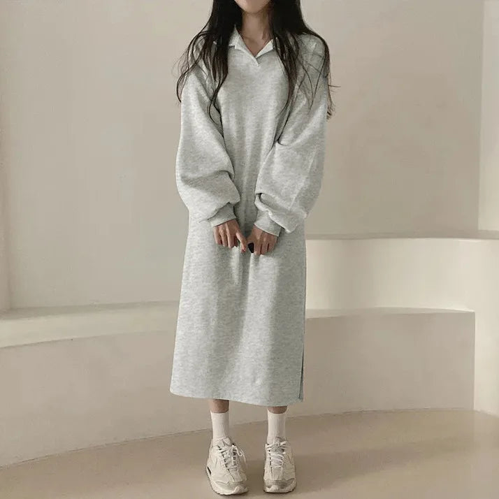 Korean Version of Solid Color POLO Collar Spring and Autumn Loose Lazy Style Long Dress Women