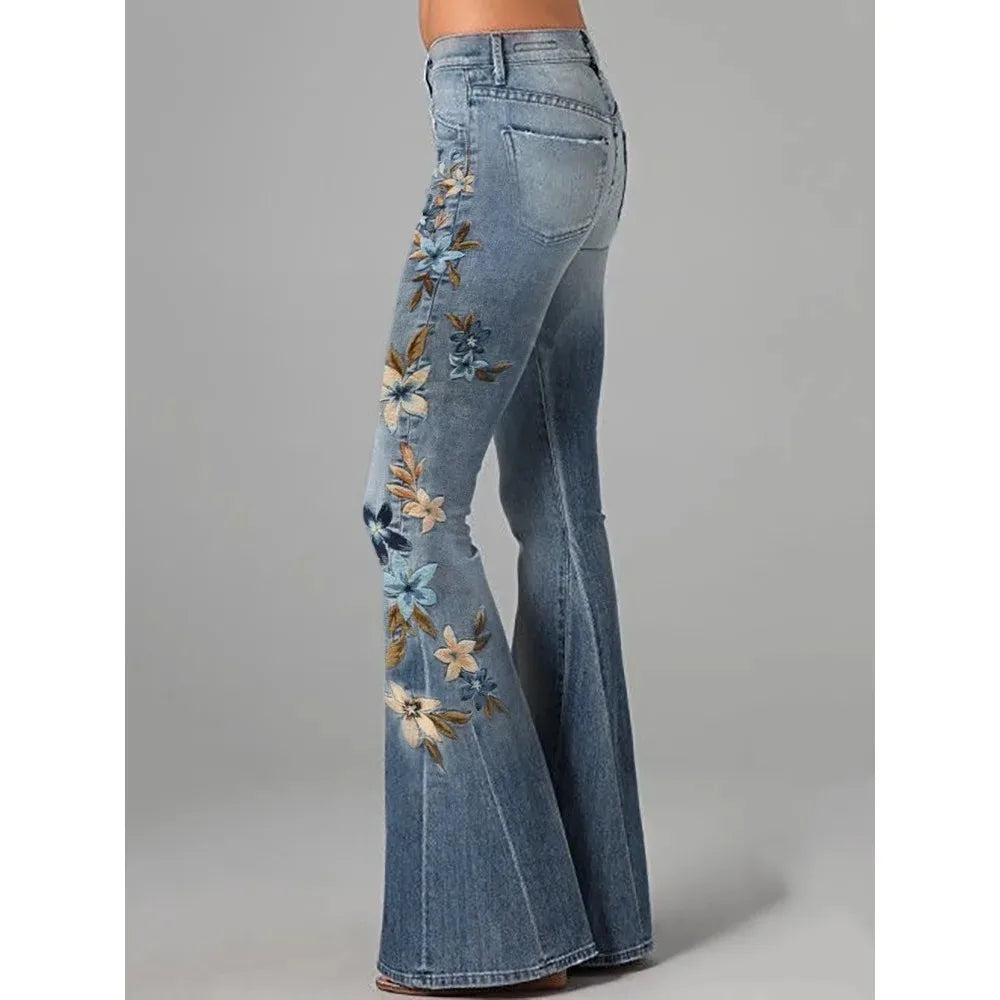 Women's Printed Flare Jeans - Figure Flattering Denim Pants,with Stretch for Casual and Retro Vintage Style