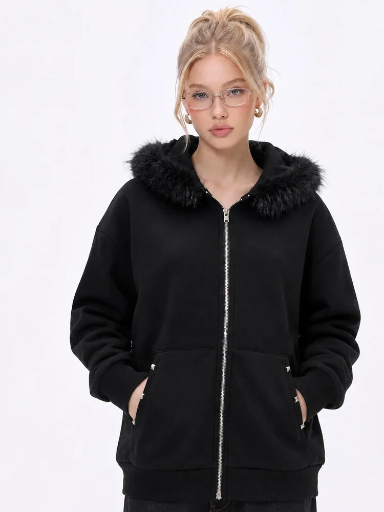 Women Oversized Zip Up Aesthetics Hoodie Winter Faux Fur Hooded Sweatshirt Y2K Streetwear Casual Warm Hoodie