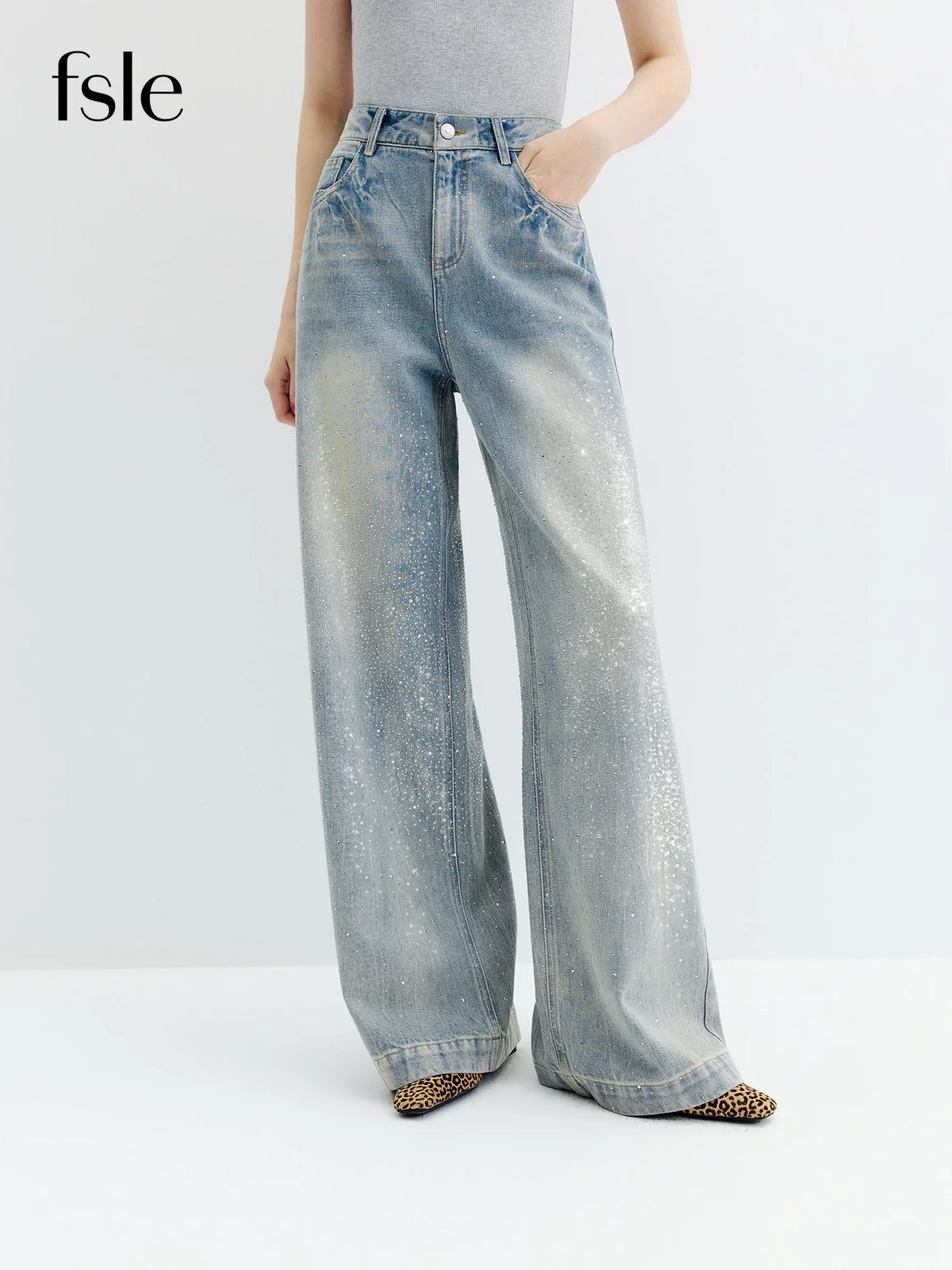 Jeans FSLE 2026 Women‘s Vintage Washed Rhinestone Straight Wide Leg Jeans Heavy Craftsmanship Embellished Denim Pants Commute Style