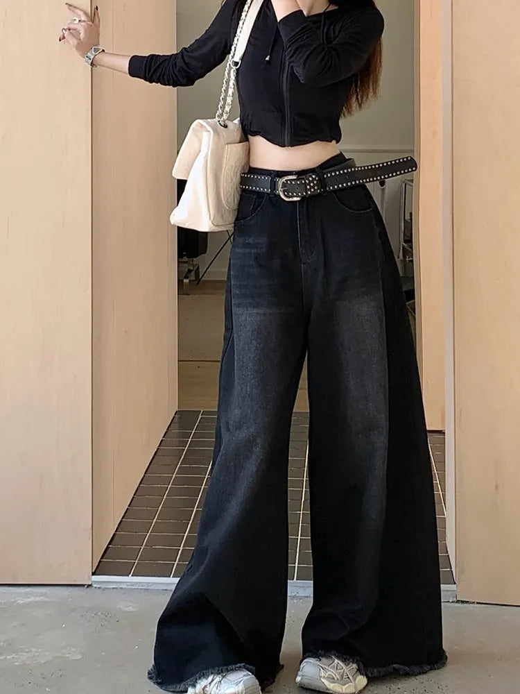American Retro High Waist Loose Women's Jeans Black Frayed Hem High Street Long Pants plus Size Slimming Trousers