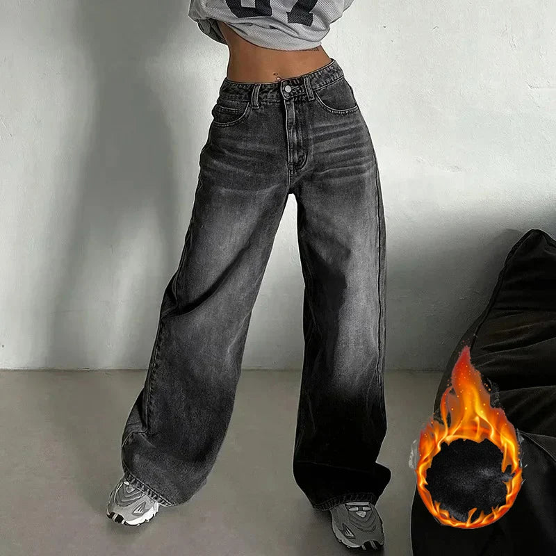 Winter Lady Plush Thermal High Waist Thin Jeans Girls Fleece Snow Warm Denim Pants Female Comfortable Straight Leg Trousers